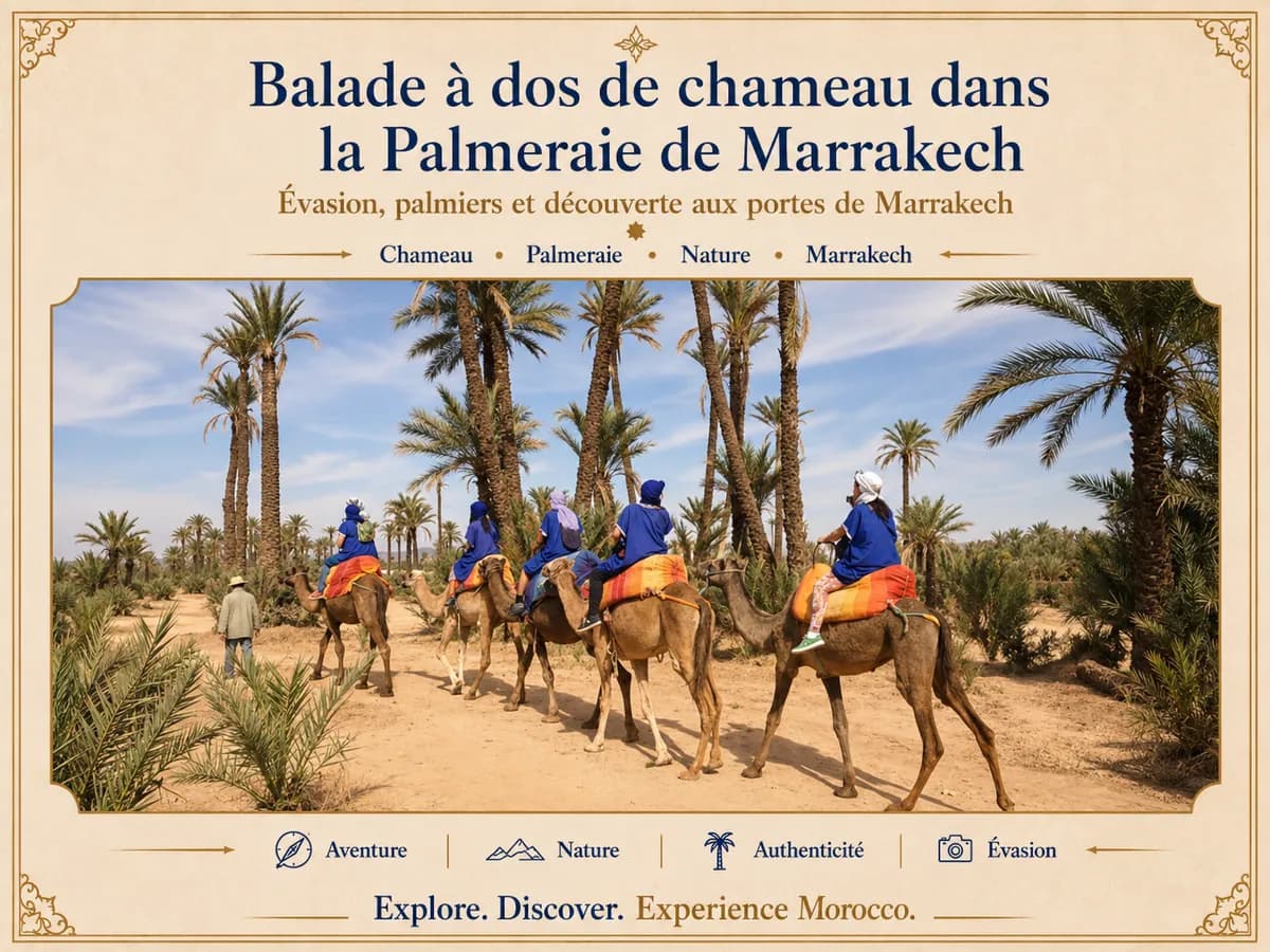 Balade à dos de chameau parmi les palmiers de la Palmeraie de Marrakech