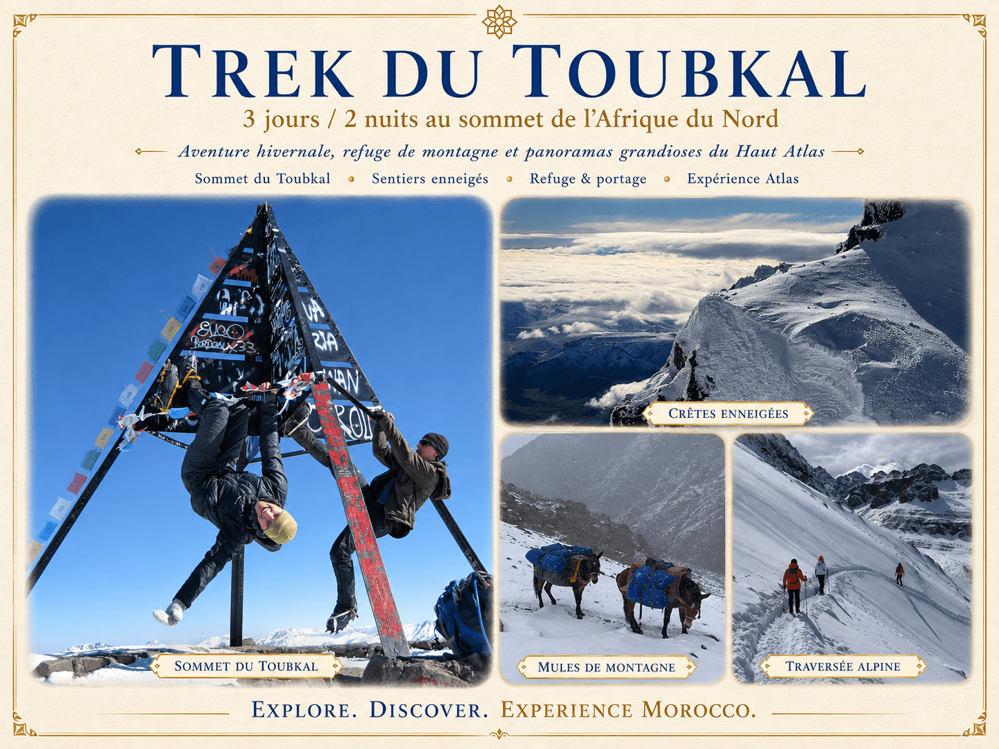 Affiche du trek du Toubkal en 3 jours avec sommet enneigé, randonneurs et mules de montagne
